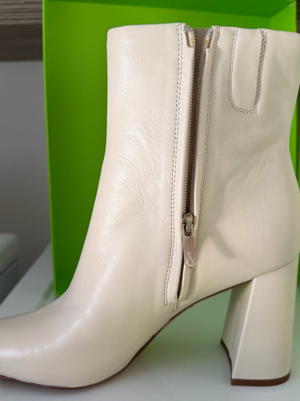 Sam Edelman Ivory Block-Heel Leather Ankle Boots